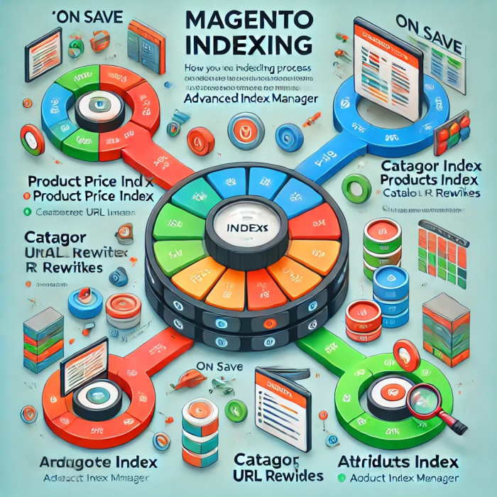 Magento 2 Advanced Index Manager admin panel showing per-indexer batch size controls and performance logs